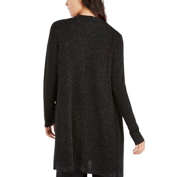 Eileen Fisher Metallic Black Open knit cardigan sweater holiday large NWOT wool - Picture 2 of 7